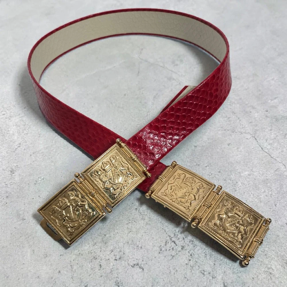 Vintage Accessocraft Crest Statement Belt Red Faux Snake Heraldic Lion One Size